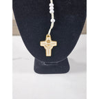Vintage White Beaded Rosary Necklace Gold Tone Cross Pendant