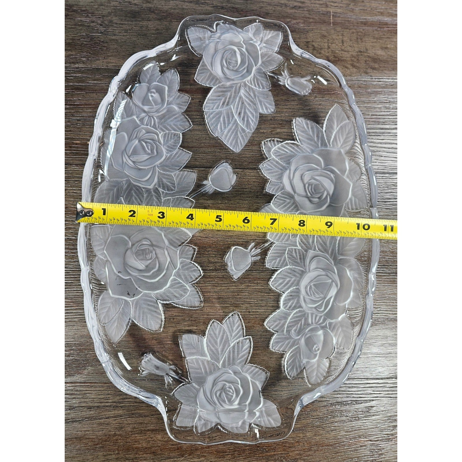 Vintage Etched Rose Glass Serving Tray Floral Clear Oval Platter