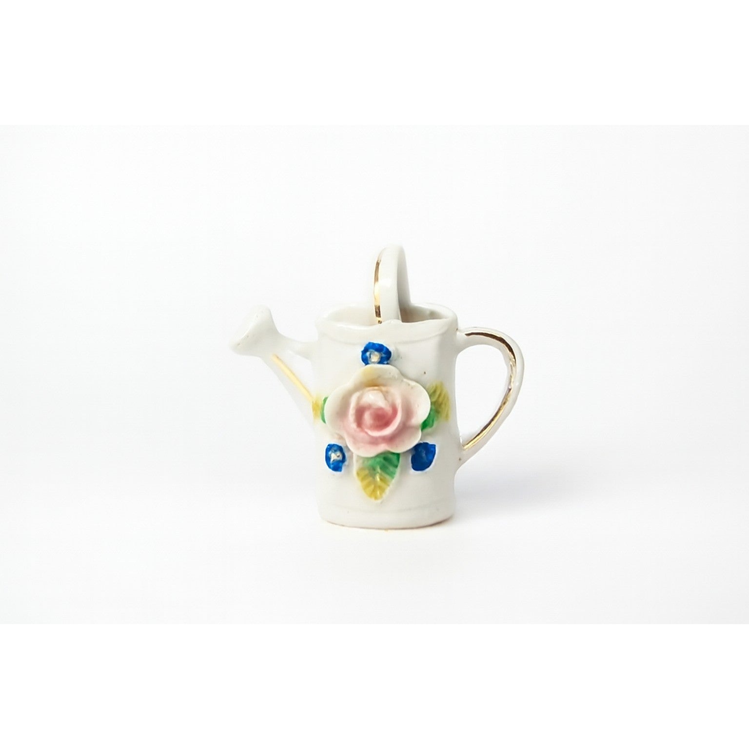 Miniature Vintage Porcelain Watering Can Figurine Roses Gold Trim Japan 2″