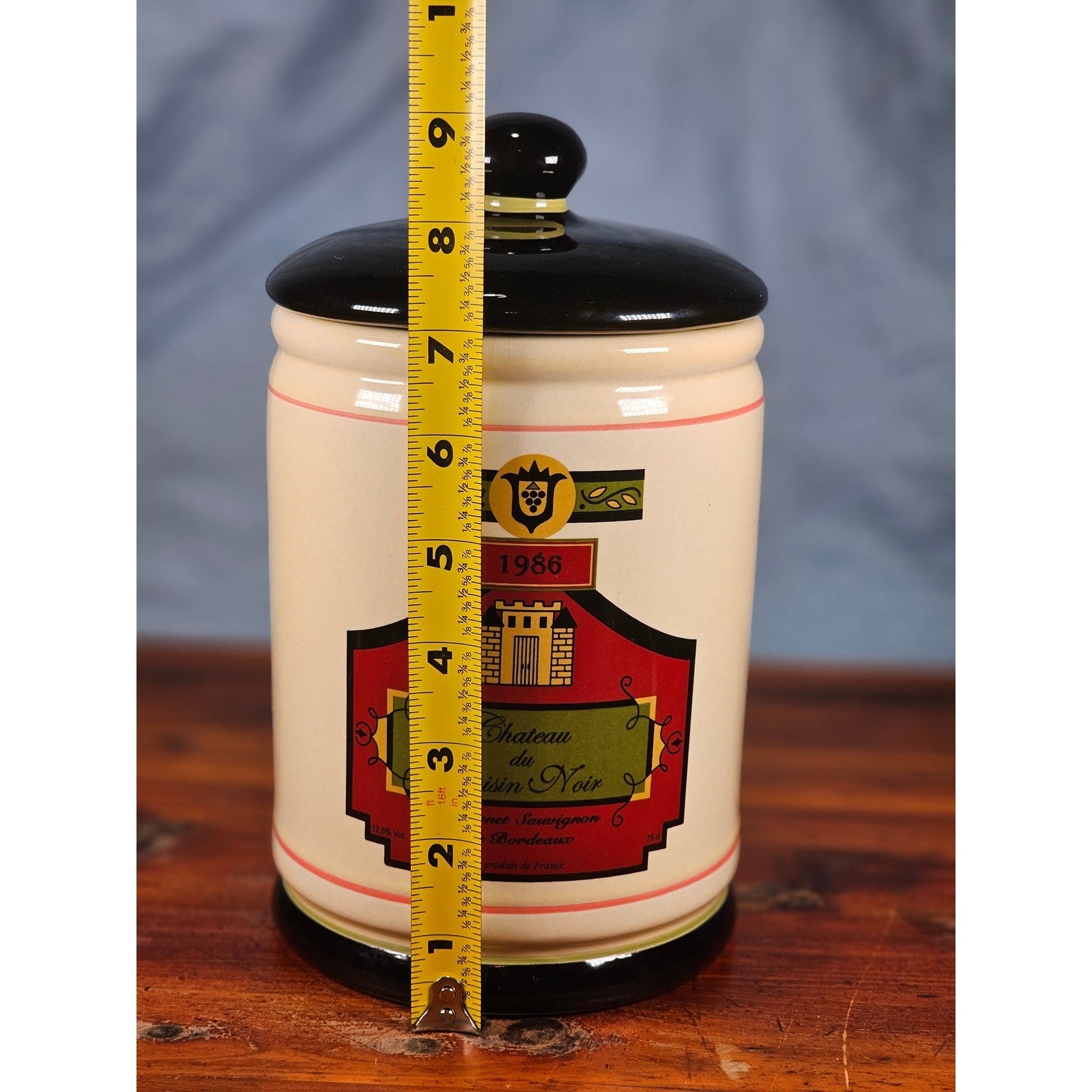 Vintage OGGI 9" Wine Label Canister Jar Chateau du Raisin Noir 1986