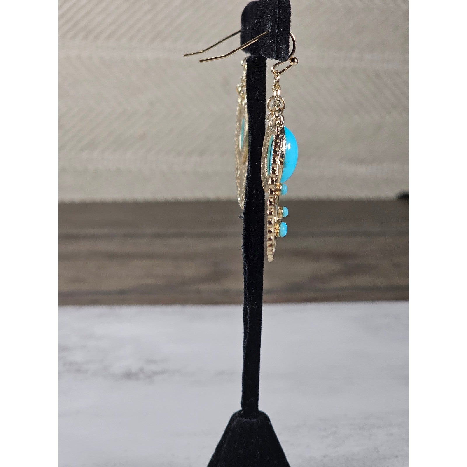 Vintage Gold Filigree Turquoise Drop Earrings Boho Statement