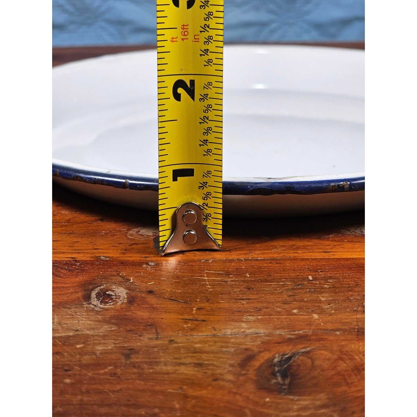 Vintage White Enamel Plate with Blue Rim | Farmhouse Kitchen Decor | 9 Inch