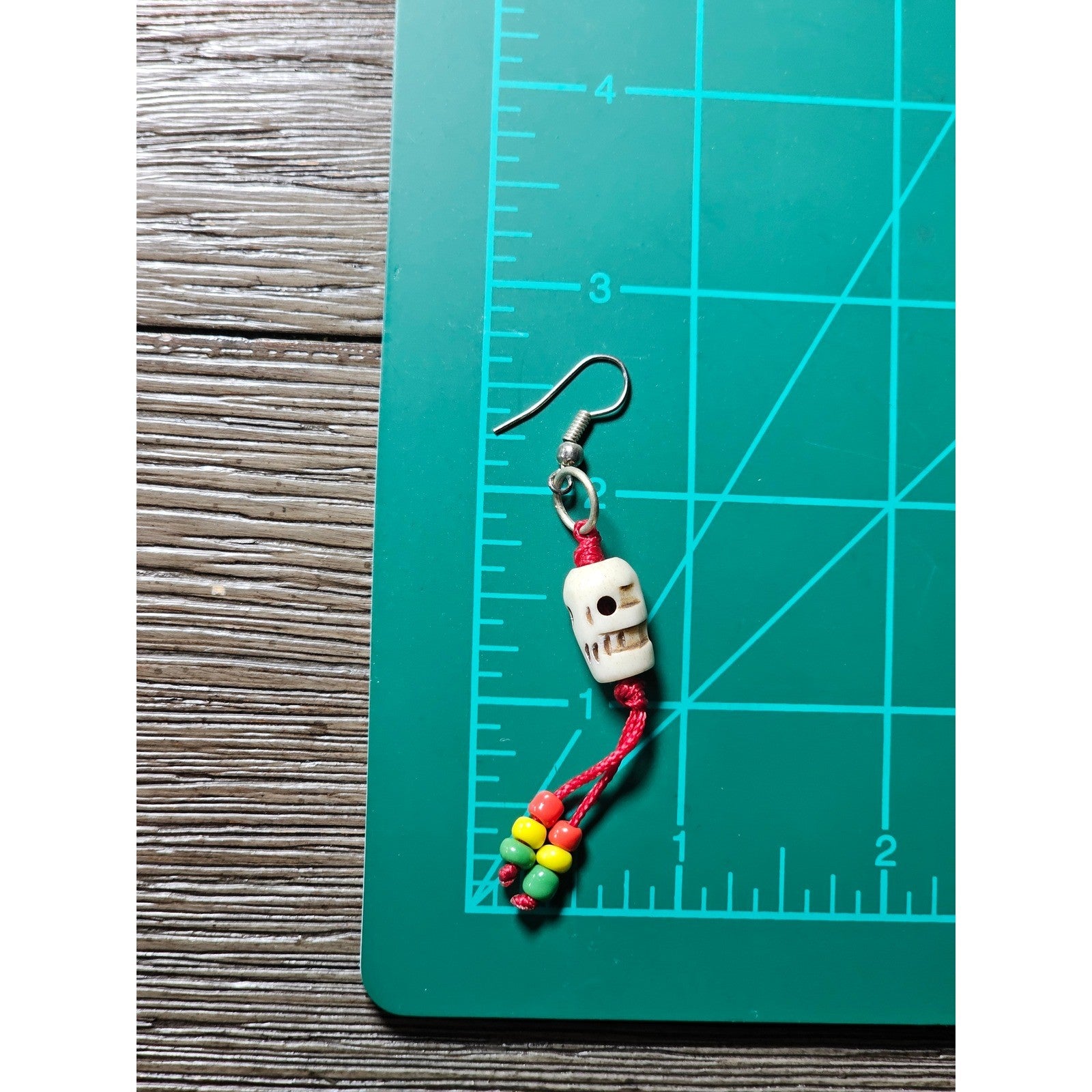 Vintage Skull Dangle Earrings Red Cord Beaded Boho Gothic