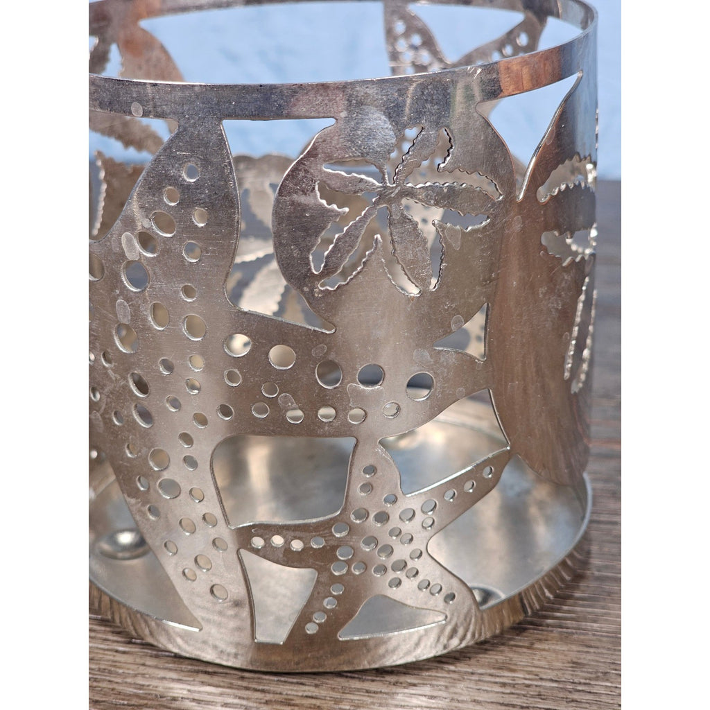Coastal Metal Candle Holder with Starfish & Sand Dollar Cutouts 4x4