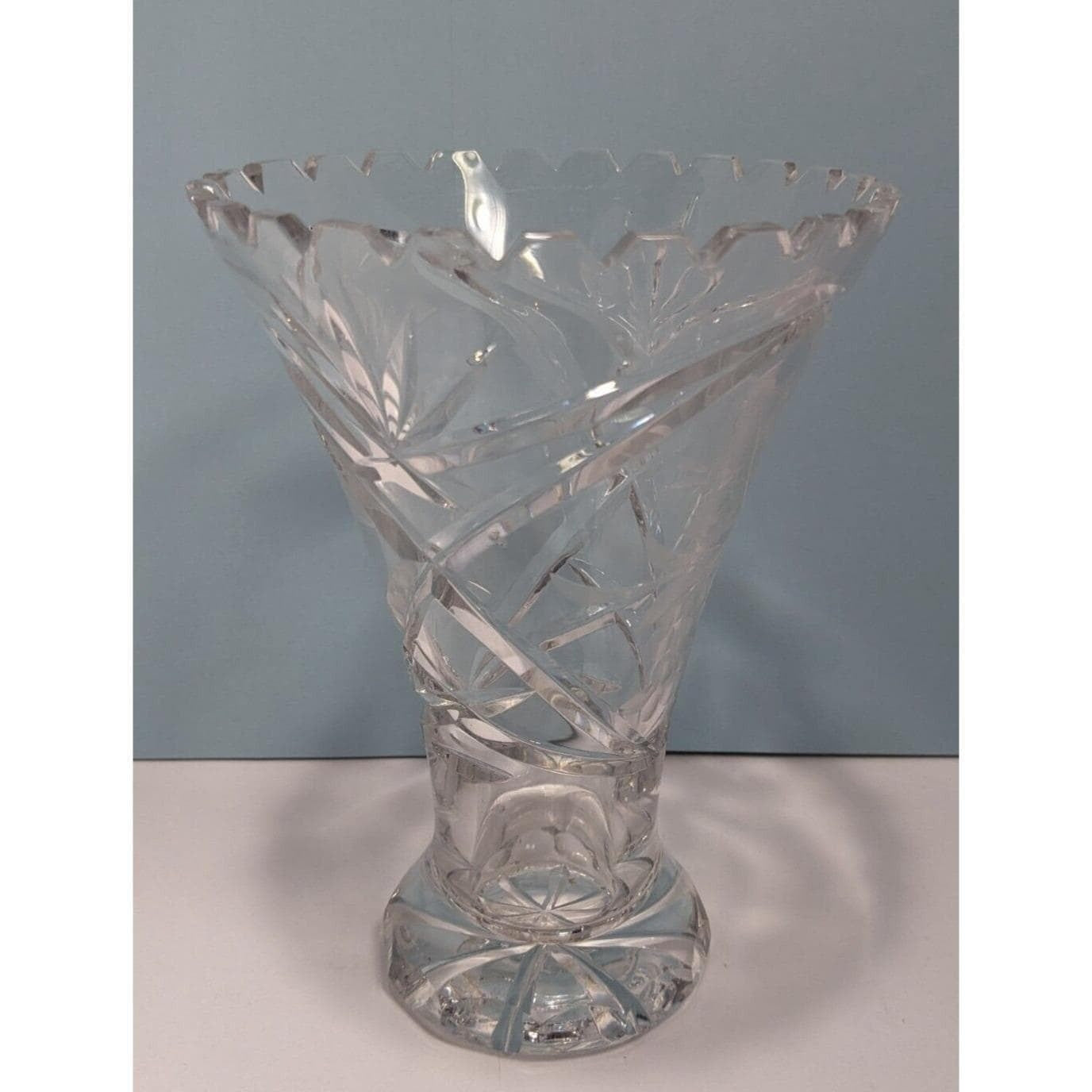 Vintage Cut Crystal Trumpet Vase Starburst Pedestal Vase 7.5 Inch