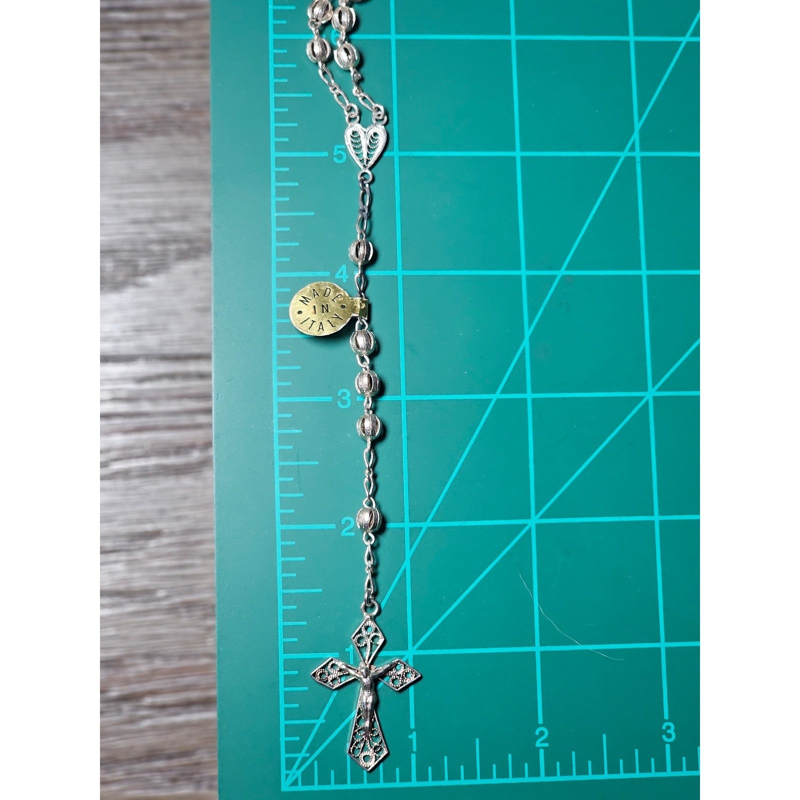 Vintage Silver Tone Rosary Necklace with Filigree Cross Pendant