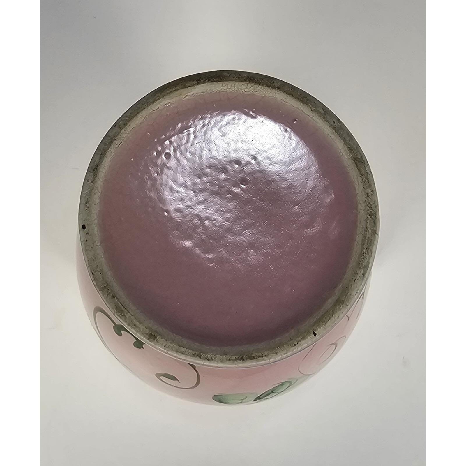 Vintage Pink Crackle Glaze Vase Blue Handles Floral Ceramic