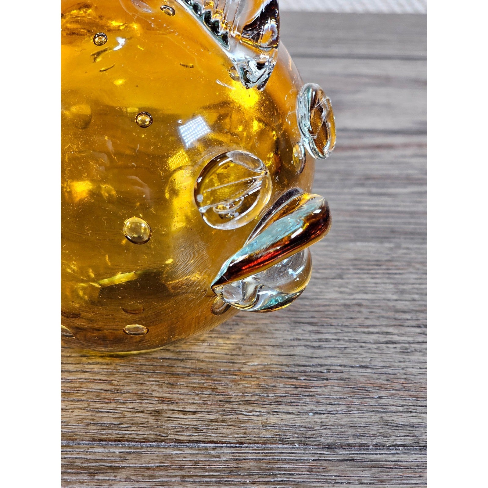 Vintage Amber Art Glass Fish Figurine 5" Hand Blown Bubble Glass