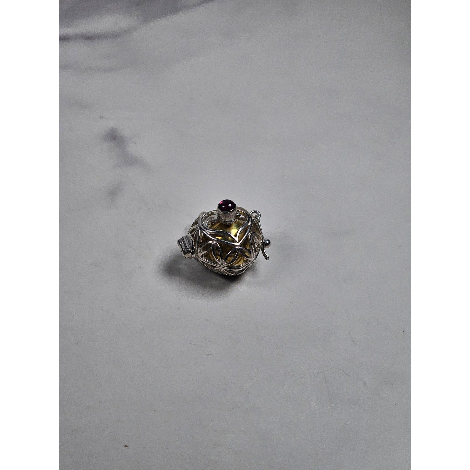 Vintage Heart Cage Locket Pendant With Red Cabochon Accent