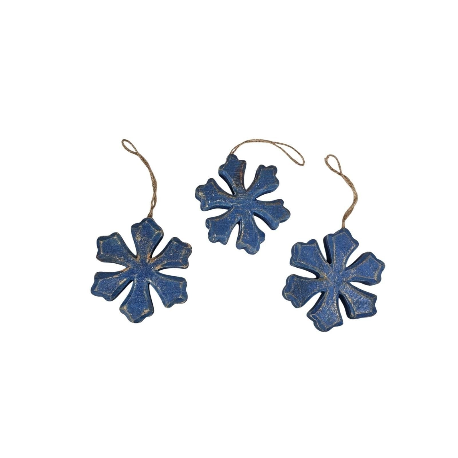 Rustic Blue Snowflake Ornaments Set of 3 Wood Farmhouse Christmas Decor
