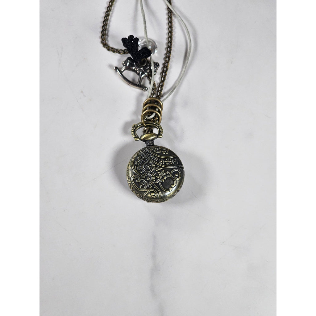 Vintage Pocket Watch Necklace Rocking Horse Charm Long Chain