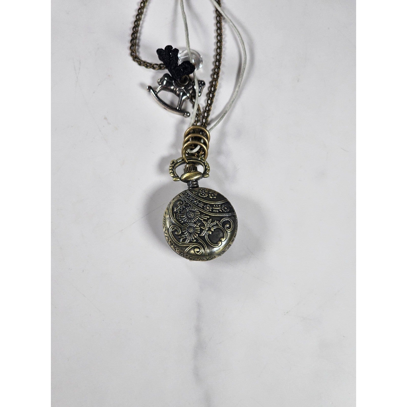 Vintage Pocket Watch Necklace Rocking Horse Charm Long Chain