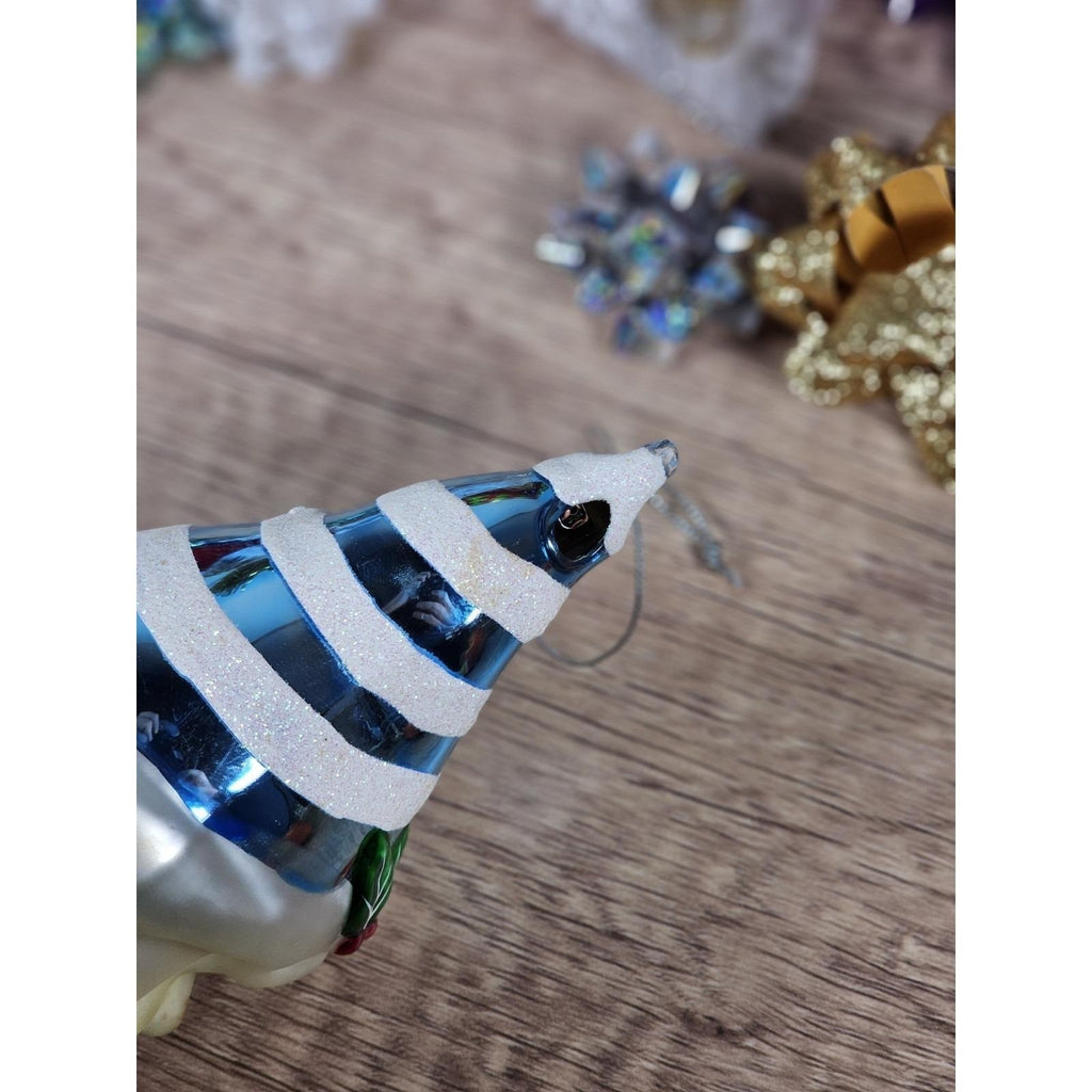 Vintage Handblown Glass Santa Ornament 7 Inch Blue Hat 1970s