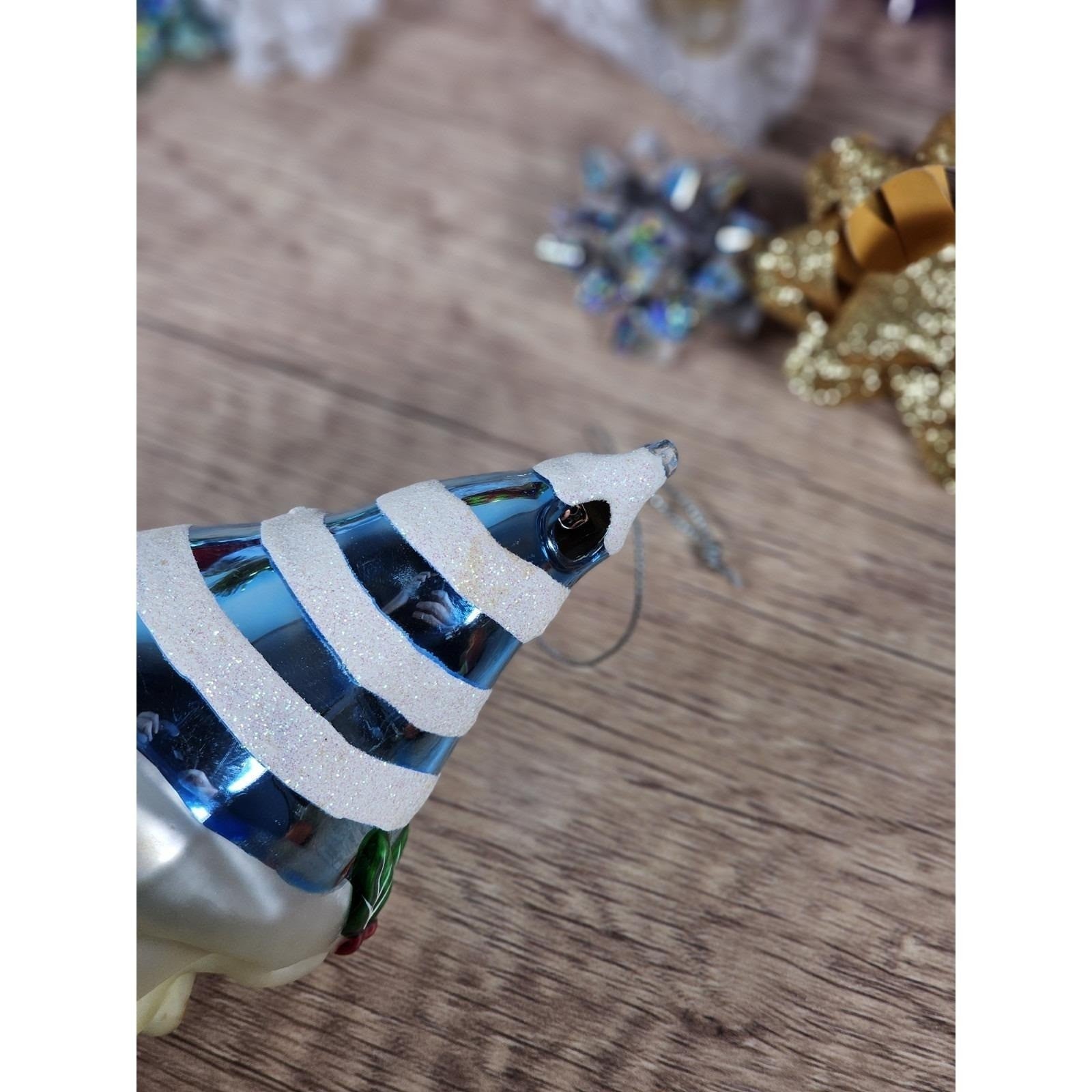 Vintage Handblown Glass Santa Ornament 7 Inch Blue Hat 1970s