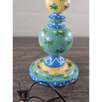 Vintage Hand Painted Wood Table Lamp Floral Blue Yellow Polka Dot