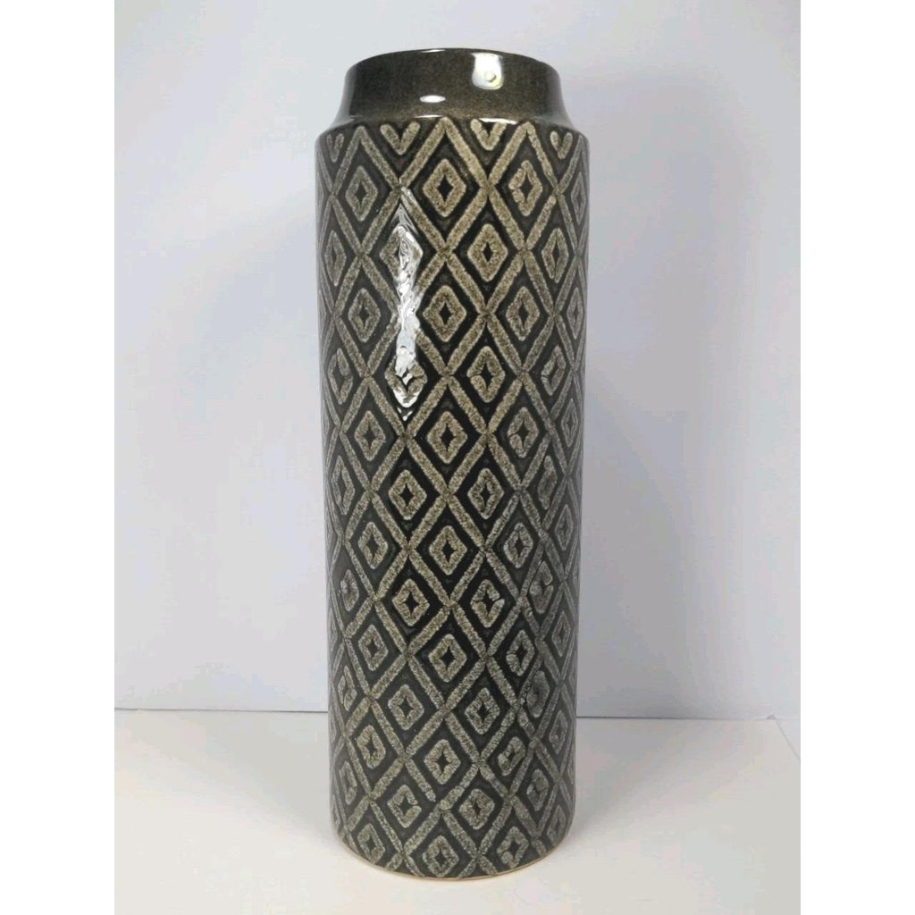 Vintage Black White Diamond Glass Vase Tall 15.6" Geometric Pattern