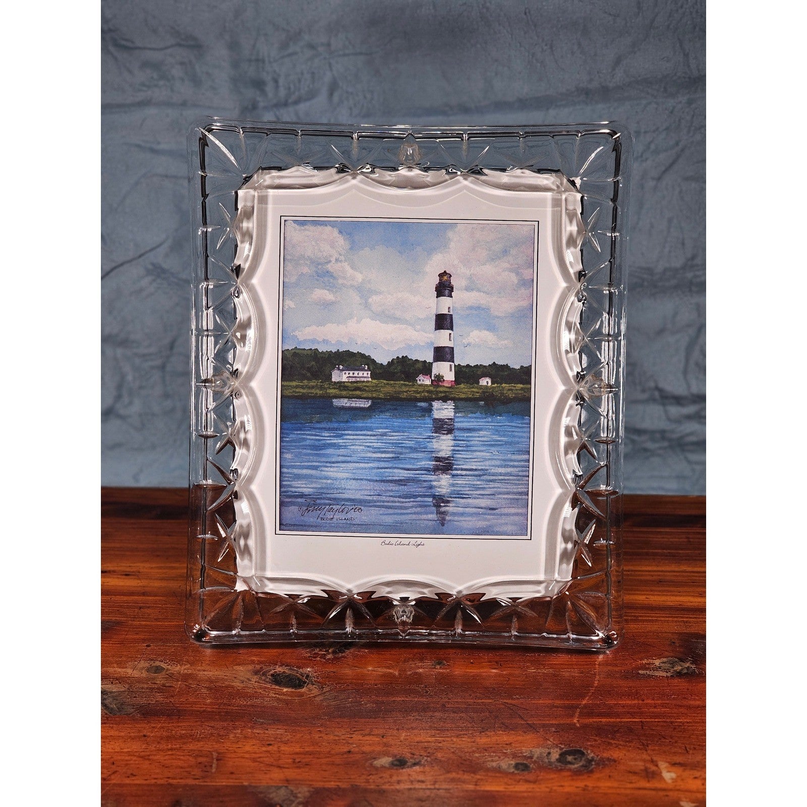 Vintage Heavy Glass Picture Frame with Bodie Island Lighthouse Art 12"x10"
