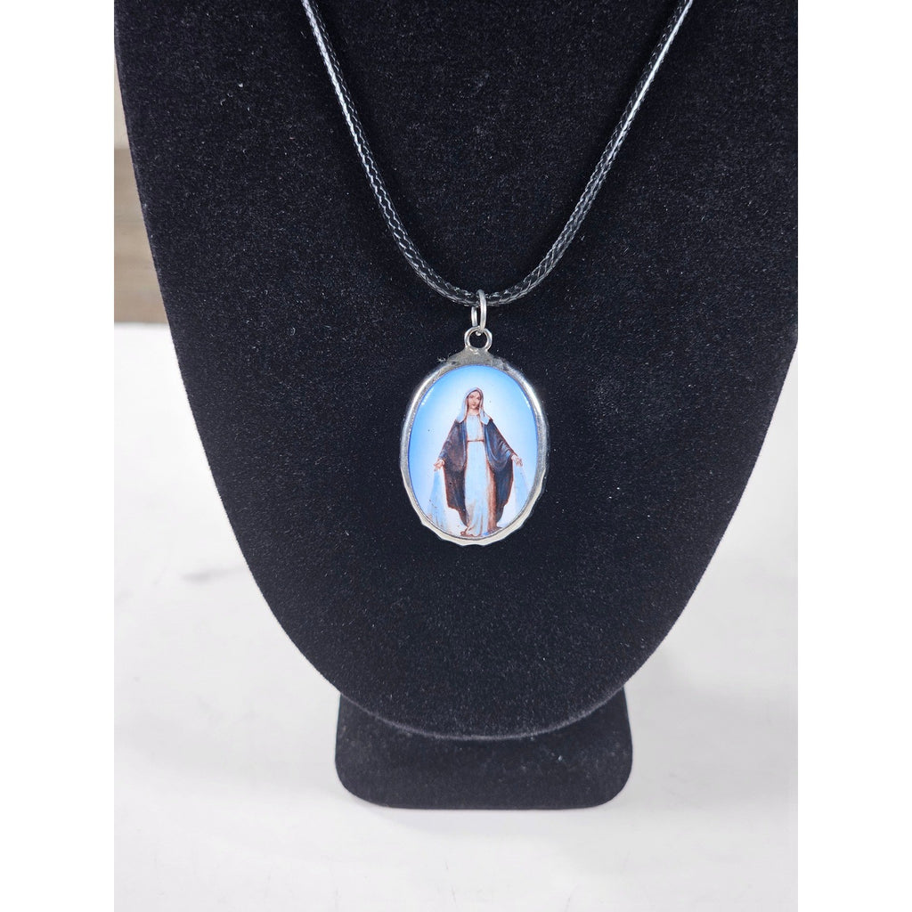 Vintage Blue Madonna Pendant Necklace with Cross Back