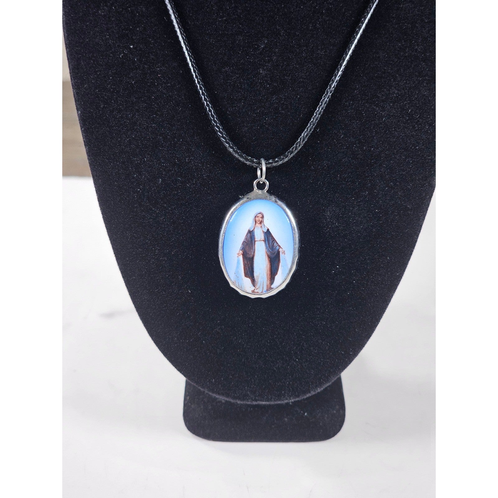 Vintage Blue Madonna Pendant Necklace with Cross Back