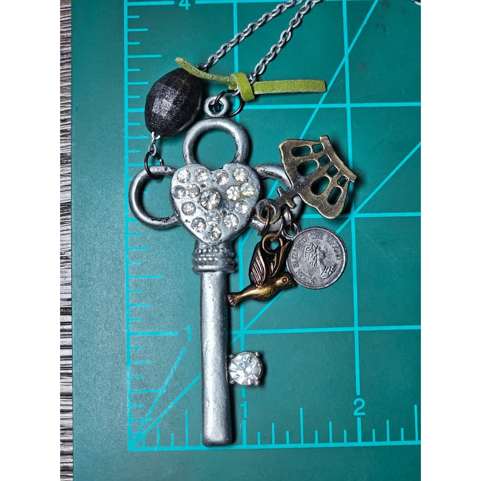 Vintage Charm Necklace Long Drop Key Crown Bird Coin Pendant