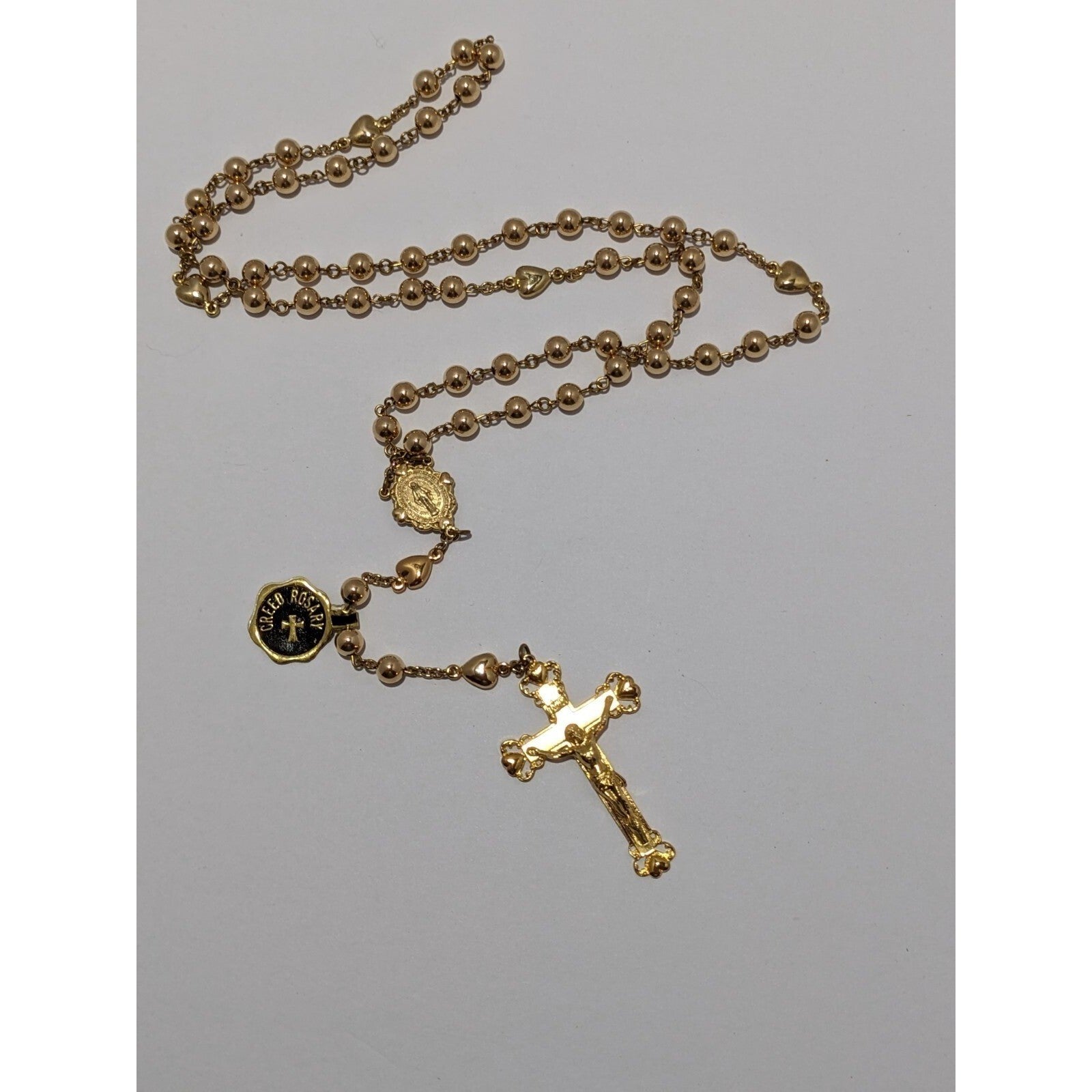 22kt Gold Cross Center Over Silver Rosary Necklace Miraculous Medal Religious