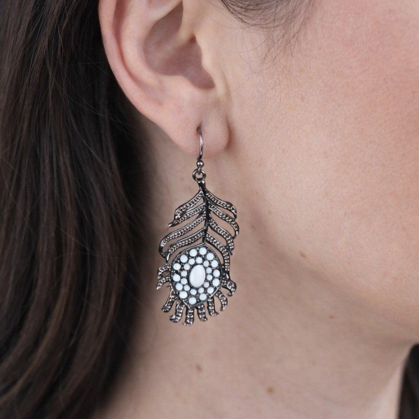 Vintage Feather Dangle Earrings White Cabochon Boho Drop