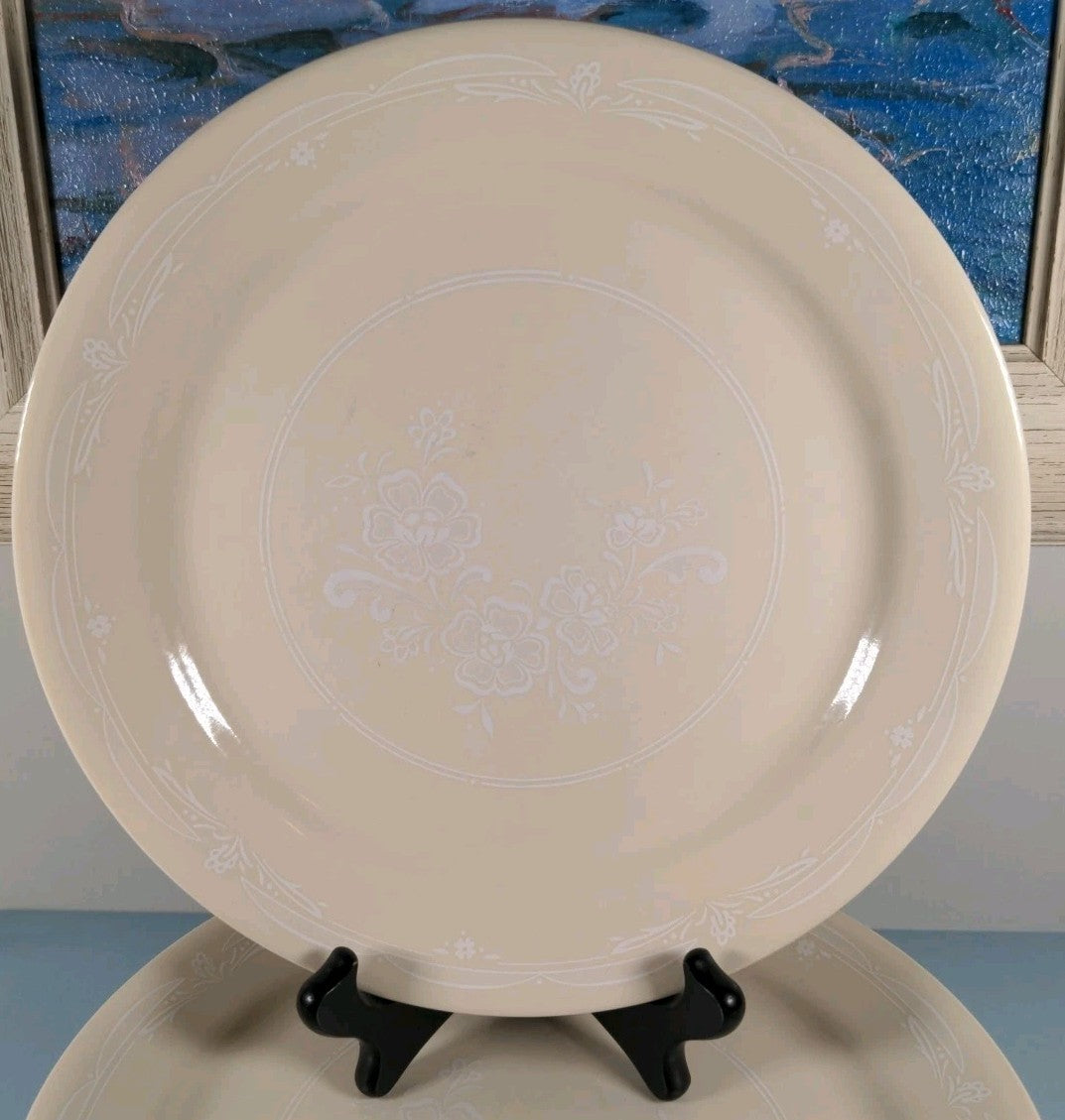 Vintage Corelle “Victorian Lace” Set of 6 Dinner Plates White‑on‑Beige Floral Pa