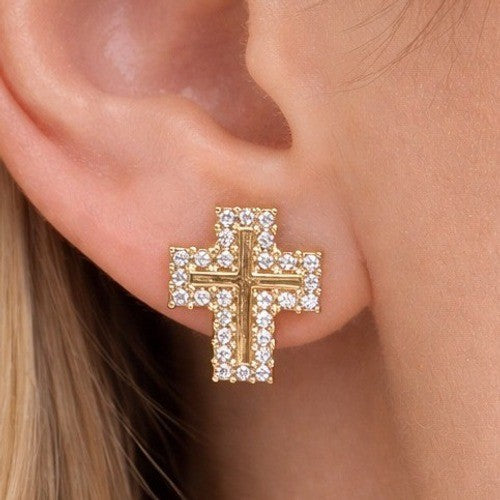 Vintage Gold Tone Cross Stud Earrings Rhinestone Christian Jewelry