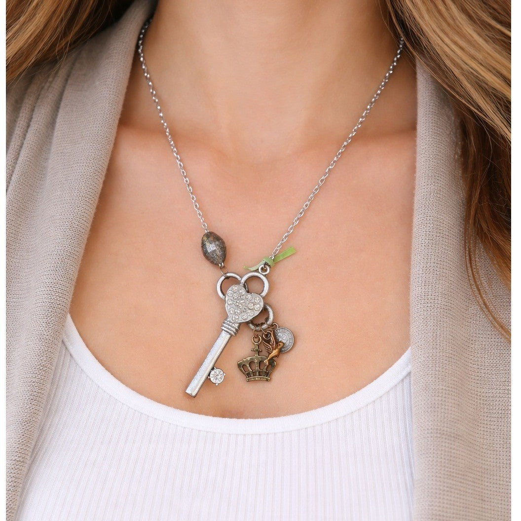 Vintage Charm Necklace Long Drop Key Crown Bird Coin Pendant