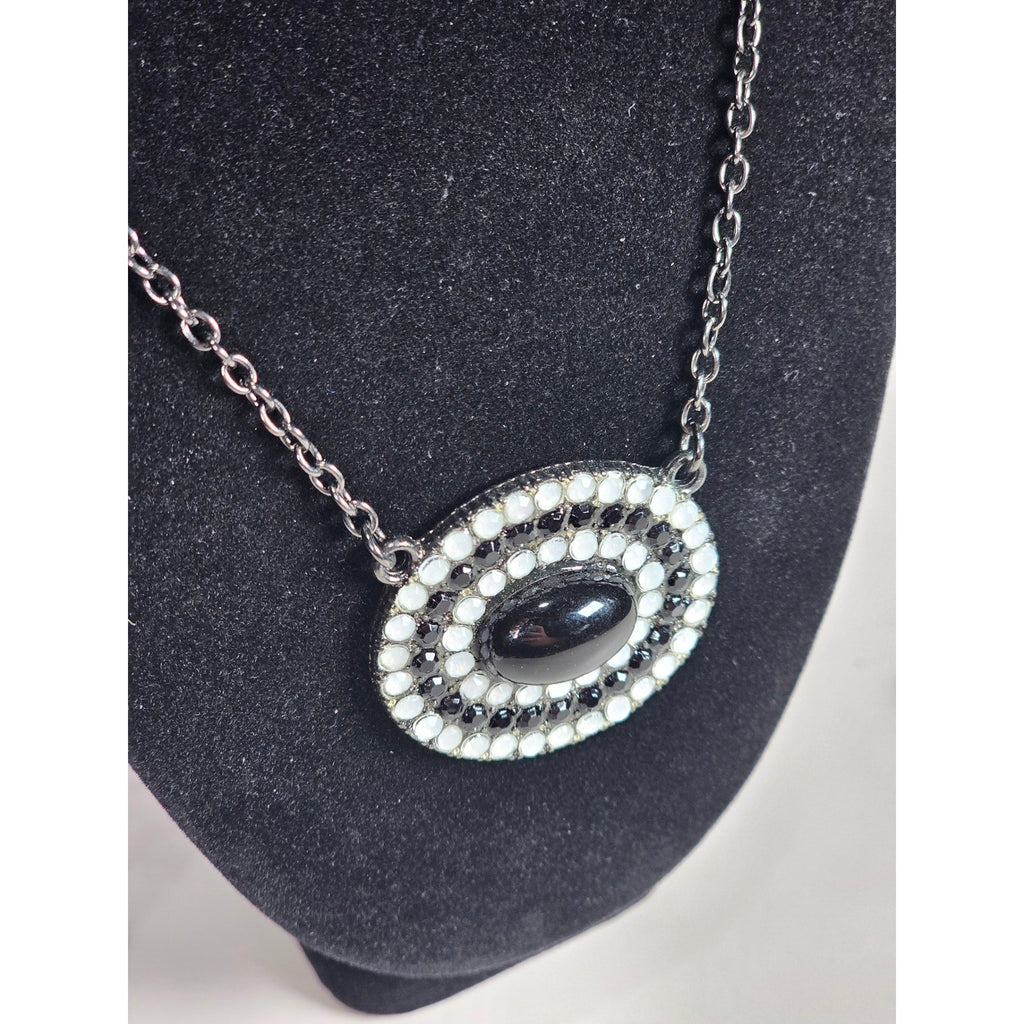 Vintage Black Oval Pendant Necklace with Rhinestone Halo on Gunmetal Chain