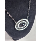 Vintage Black Oval Pendant Necklace with Rhinestone Halo on Gunmetal Chain