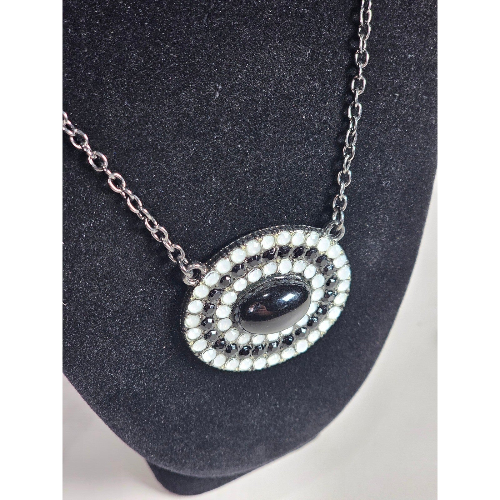 Vintage Black Oval Pendant Necklace with Rhinestone Halo on Gunmetal Chain