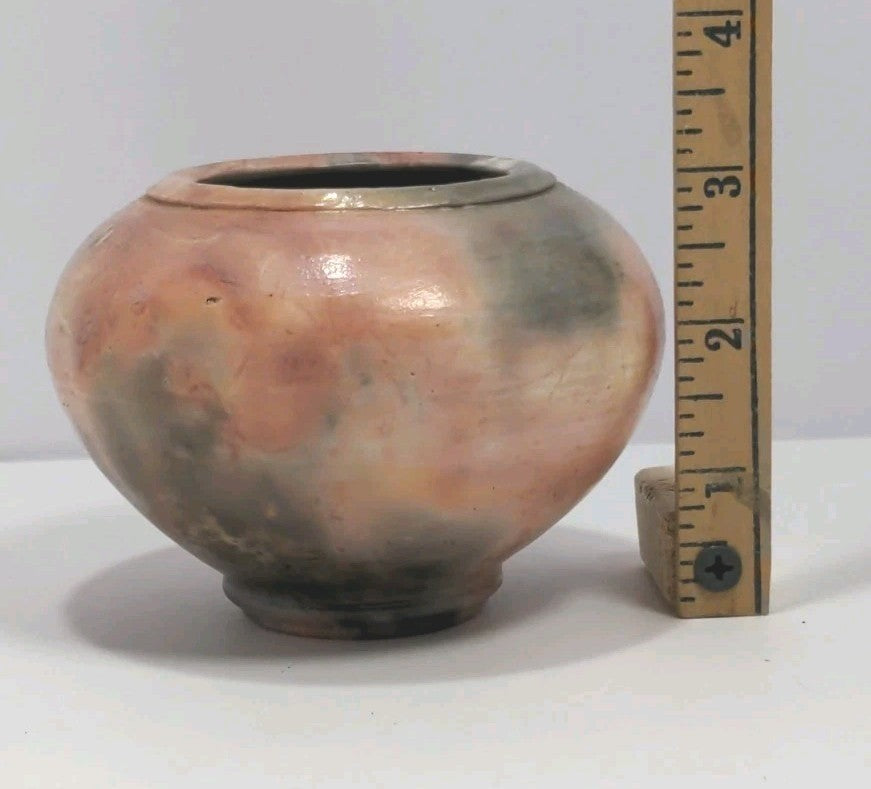 Handmade 3" X 4" Round Glazed Pottery Vase With Unique Stamped Base & Pink/Gray