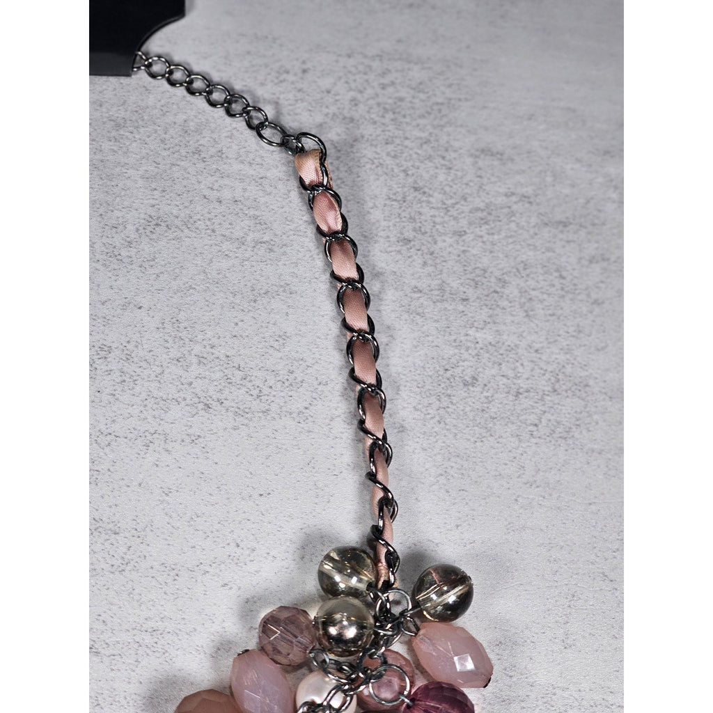 Vintage Pink Beaded Cluster Necklace with Ribbon Chain Detail
