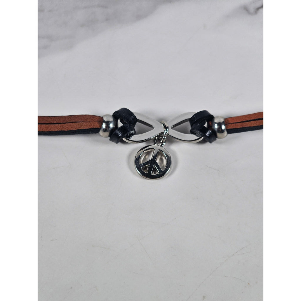 Vintage Petite Leather Peace Sign Bracelet Silver Tone Boho Jewelry