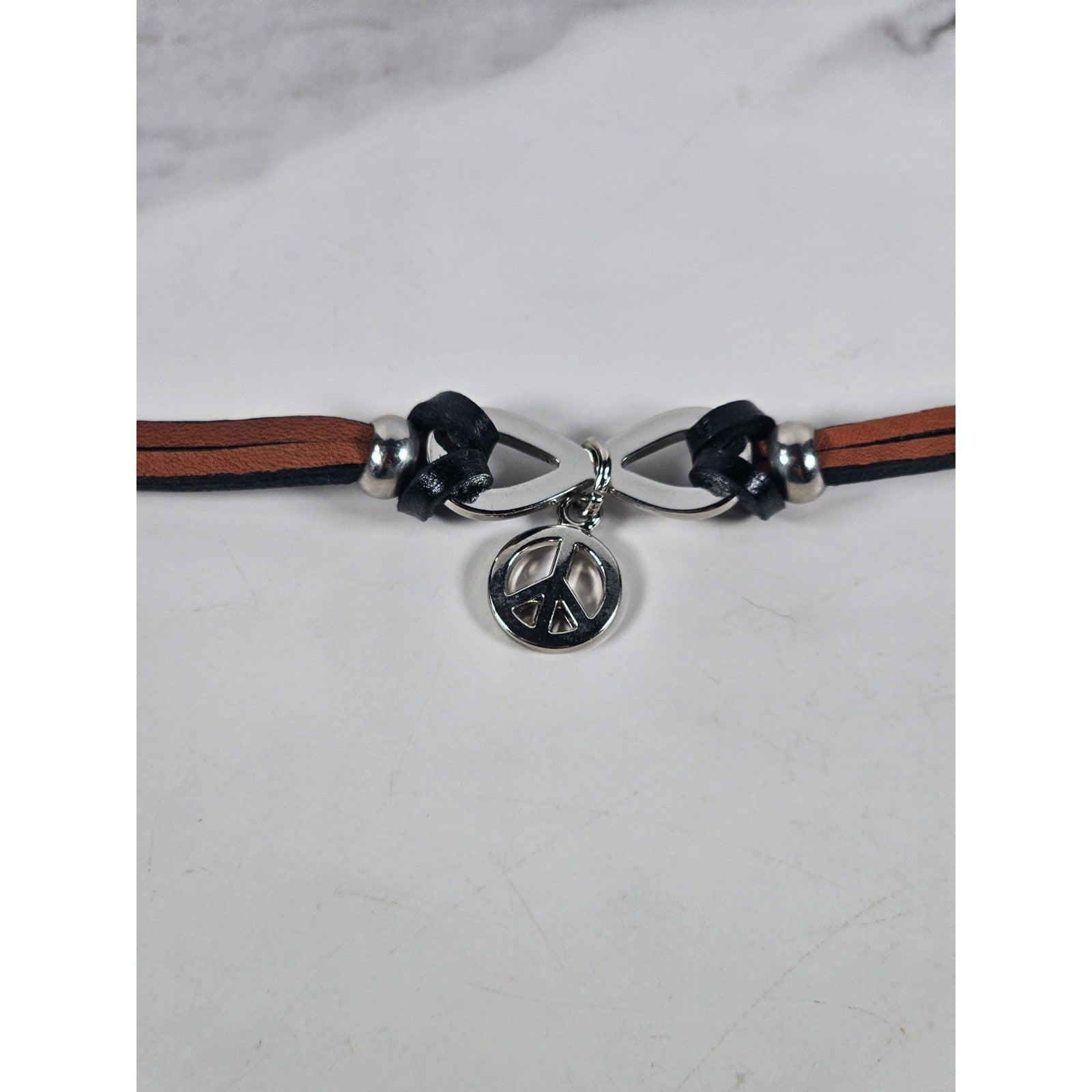 Vintage Petite Leather Peace Sign Bracelet Silver Tone Boho Jewelry