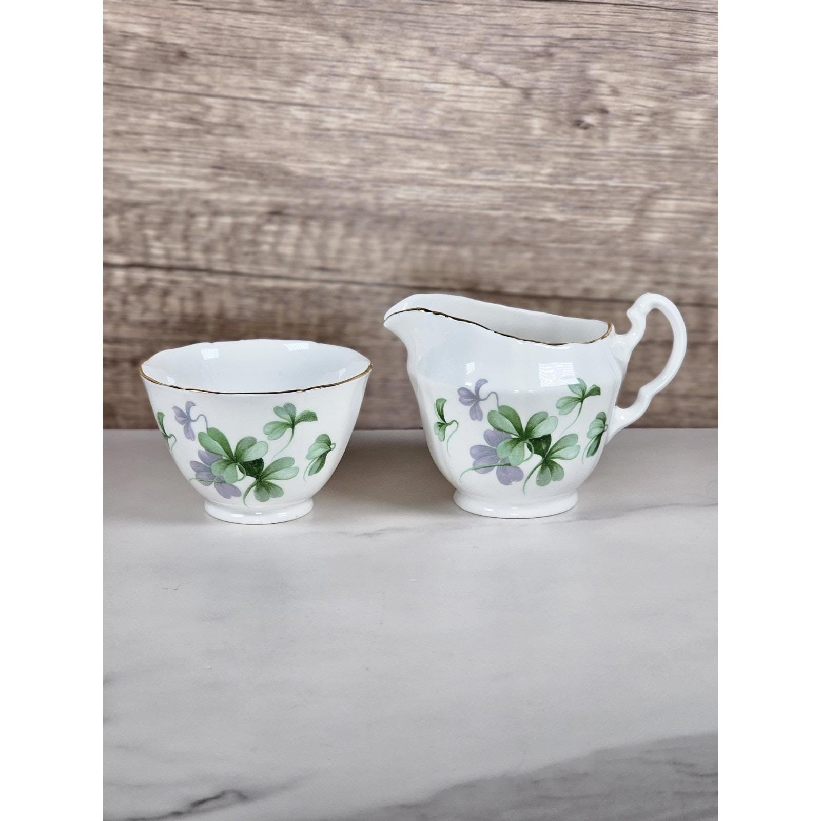 Vintage Adderley Bone China Creamer Sugar Bowl Clover Gold Trim