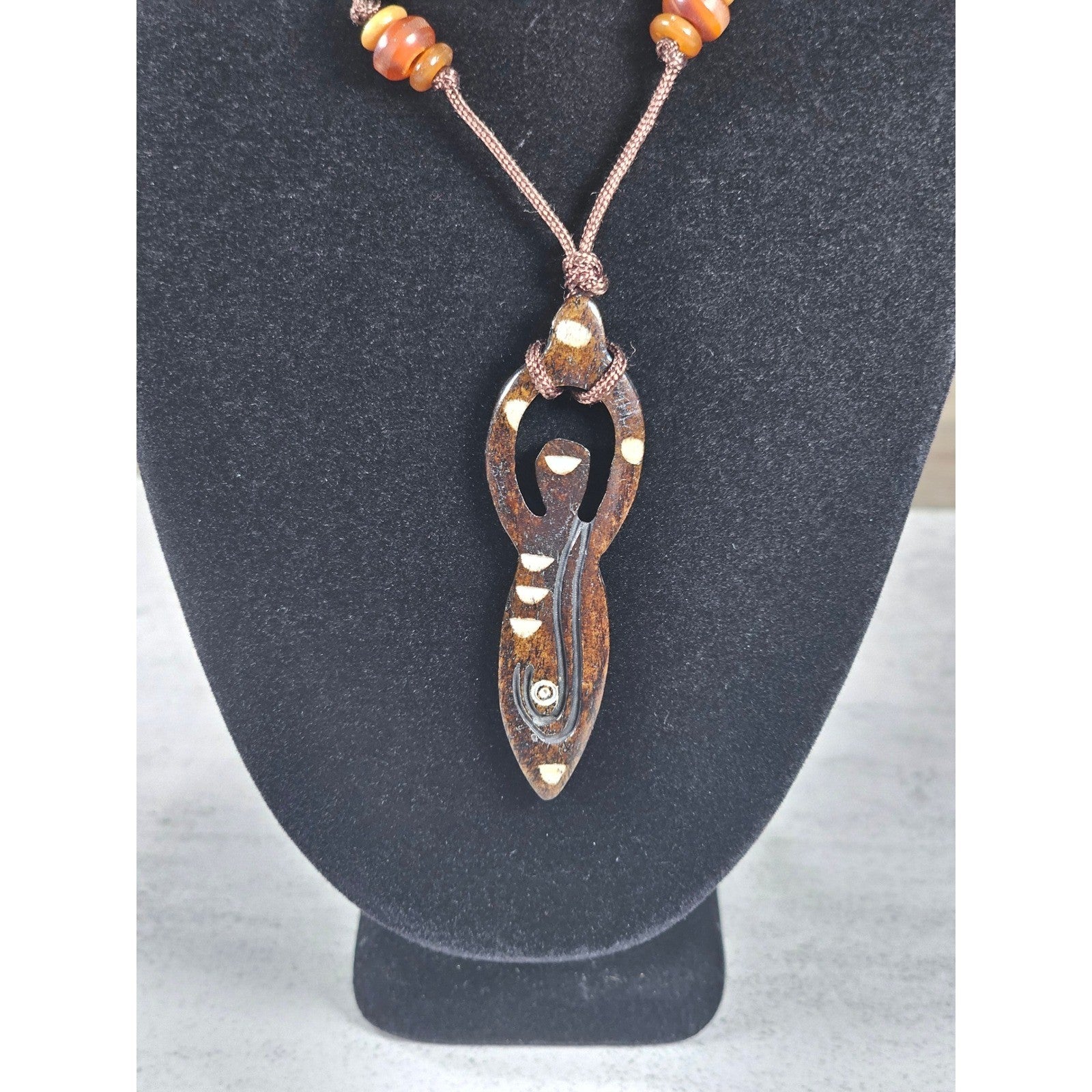 Vintage Carved Wood Pendant Necklace Beaded Cord Tribal Design