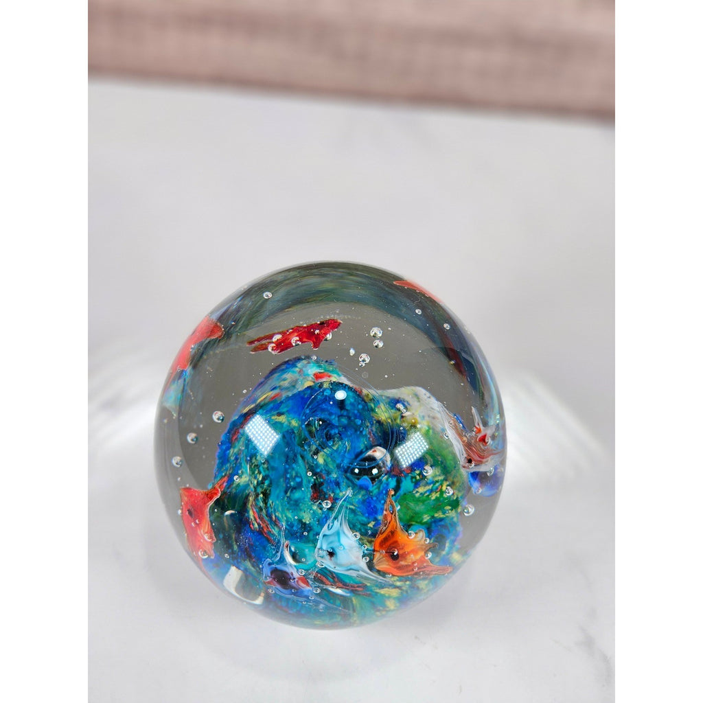 Glass Paperweight Aquatic Scene Fish Swirls Art Hand Blown