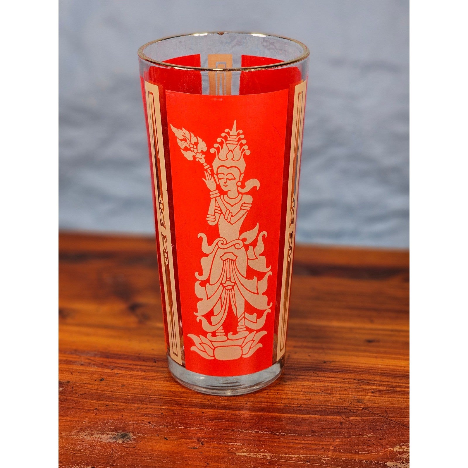 Vintage Culver Thai Goddess Highball Glass | Red & 22K Gold Barware