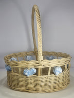 Vintage Wicker Basket with Blue Painted Conch Shells 13″ x 15″ Coastal Rustic