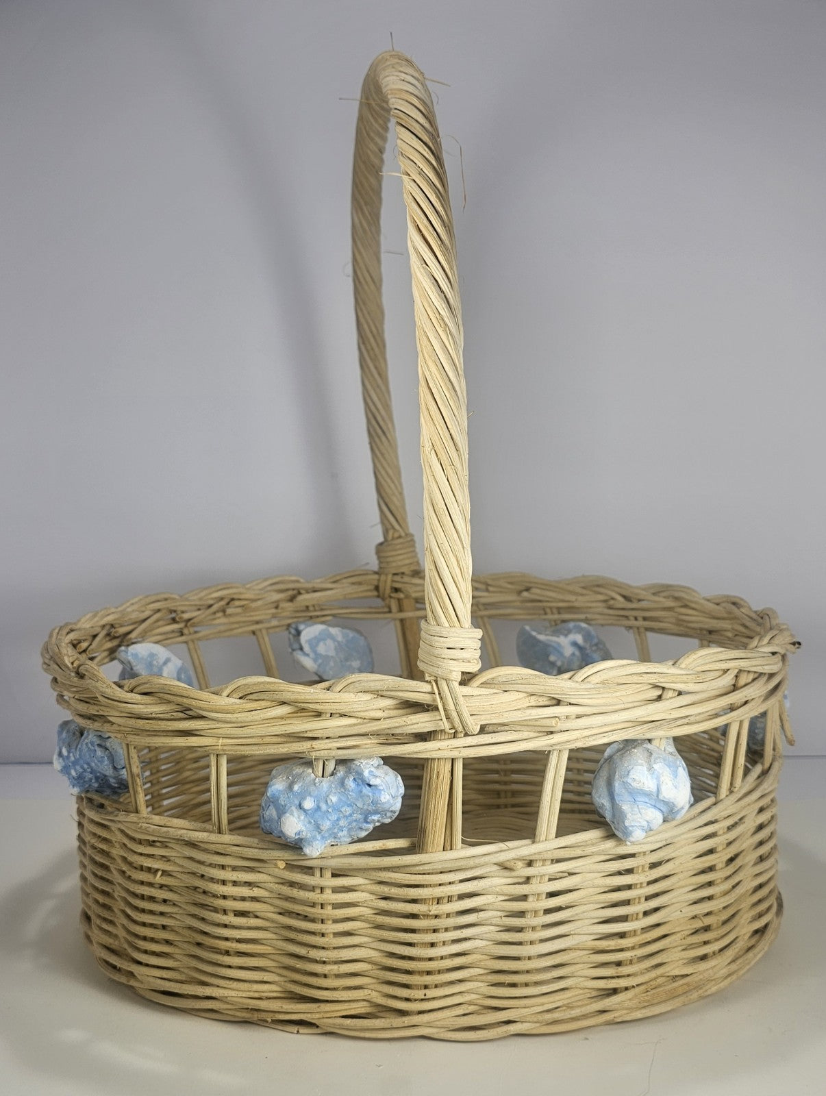 Vintage Wicker Basket with Blue Painted Conch Shells 13″ x 15″ Coastal Rustic
