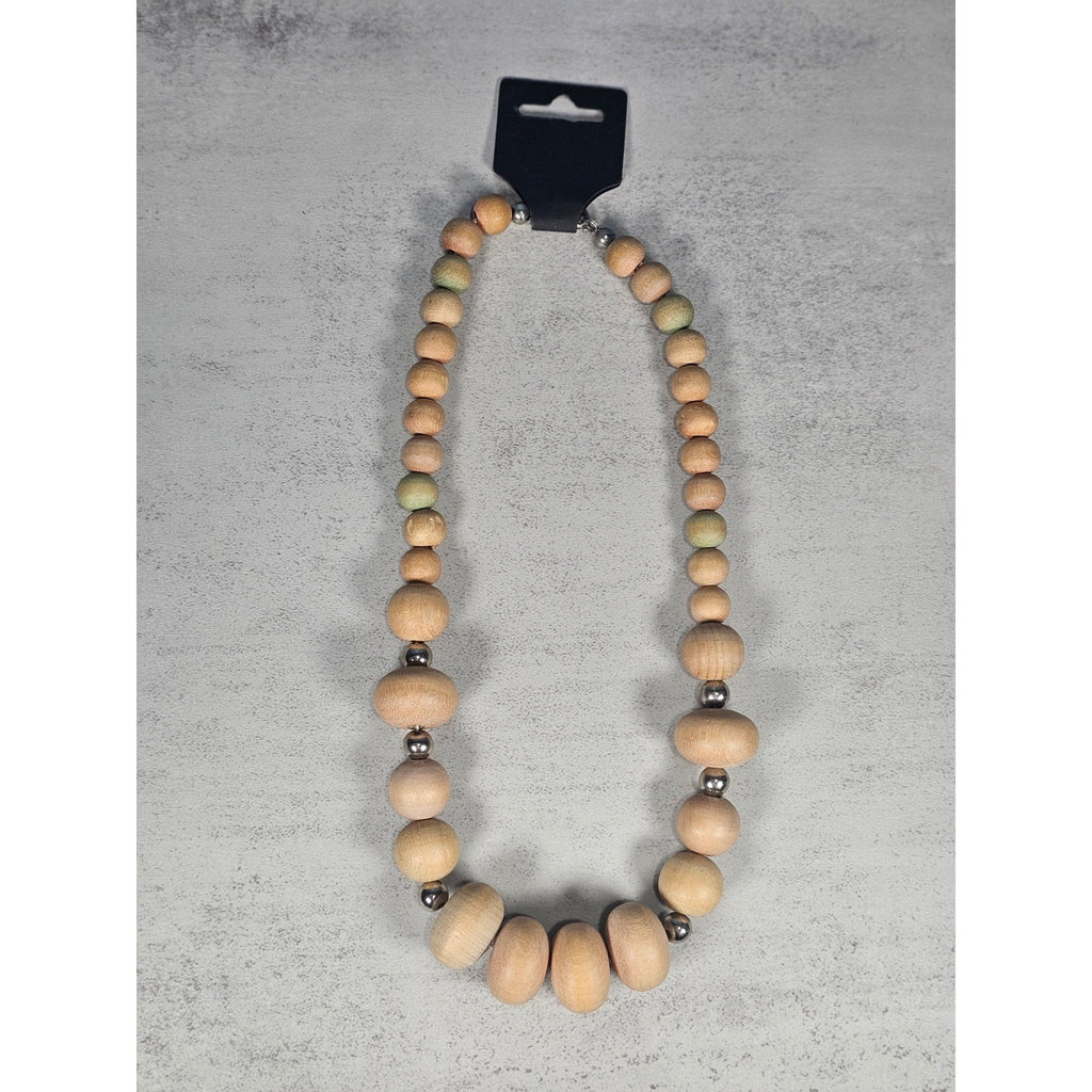 Vintage Wooden Bead Necklace with Silver Tone Accents | Rustic Boho Jewelry