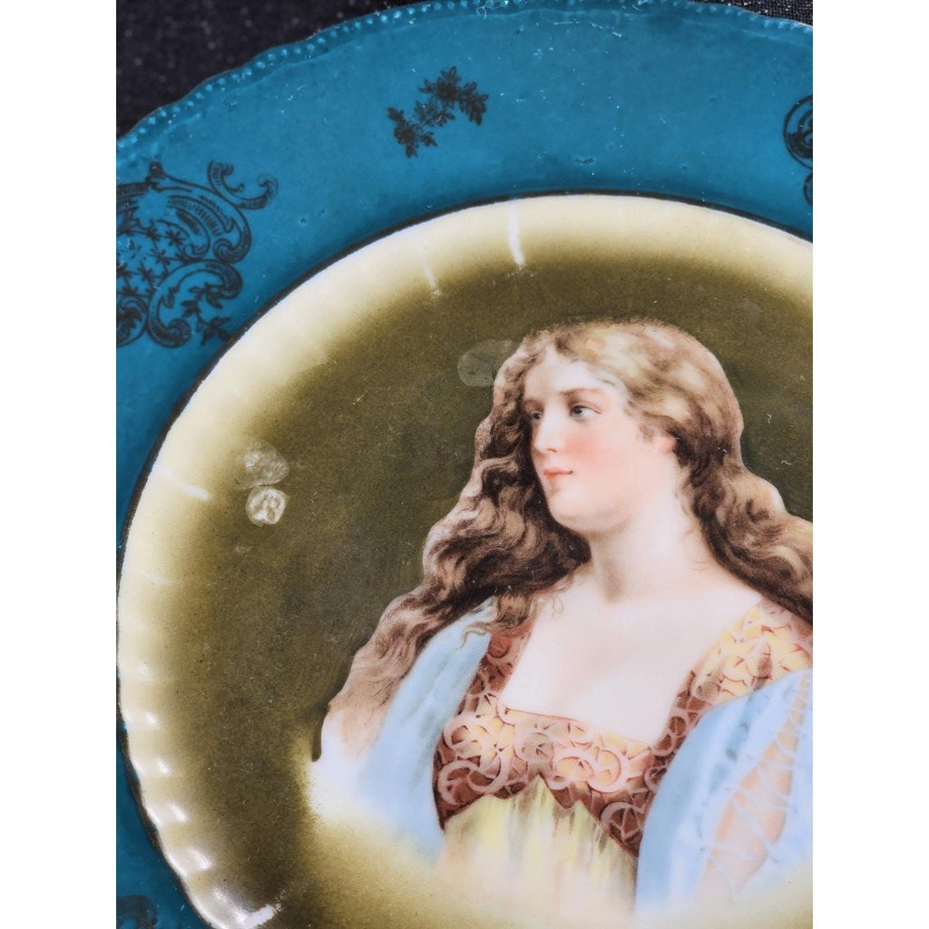Antique Royal Vienna Porcelain Cabinet Plate Portrait Teal Olive 10 Inch