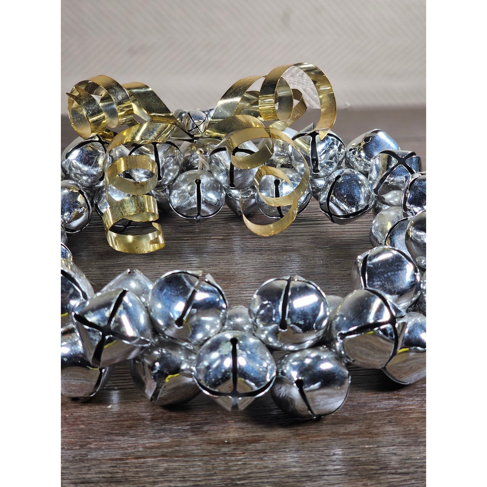 Vintage Silver Jingle Bell Wreath Gold Bow Holiday Door Decor