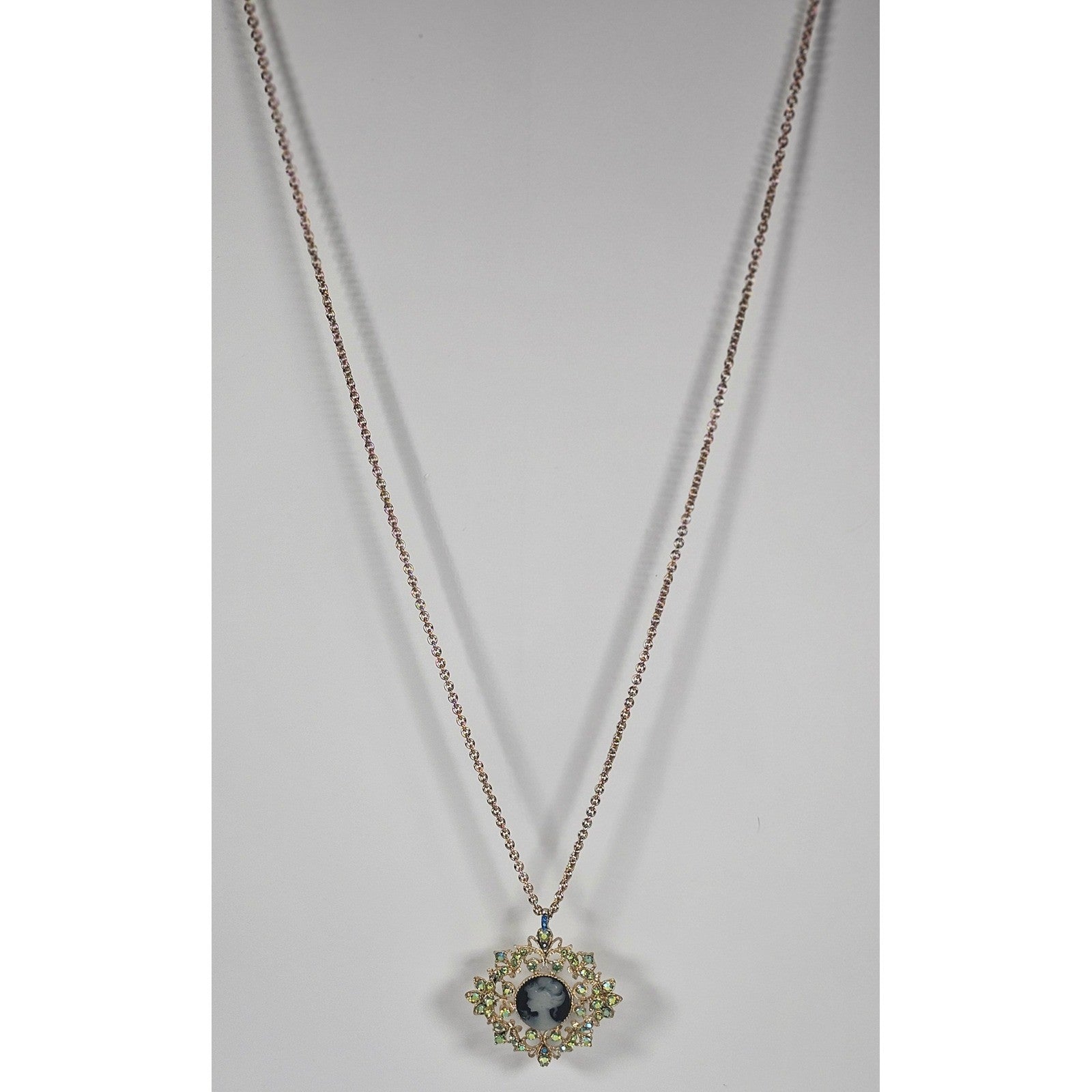 Vintage Cameo Pendant Necklace Gold Tone Aurora Borealis Rhinestones