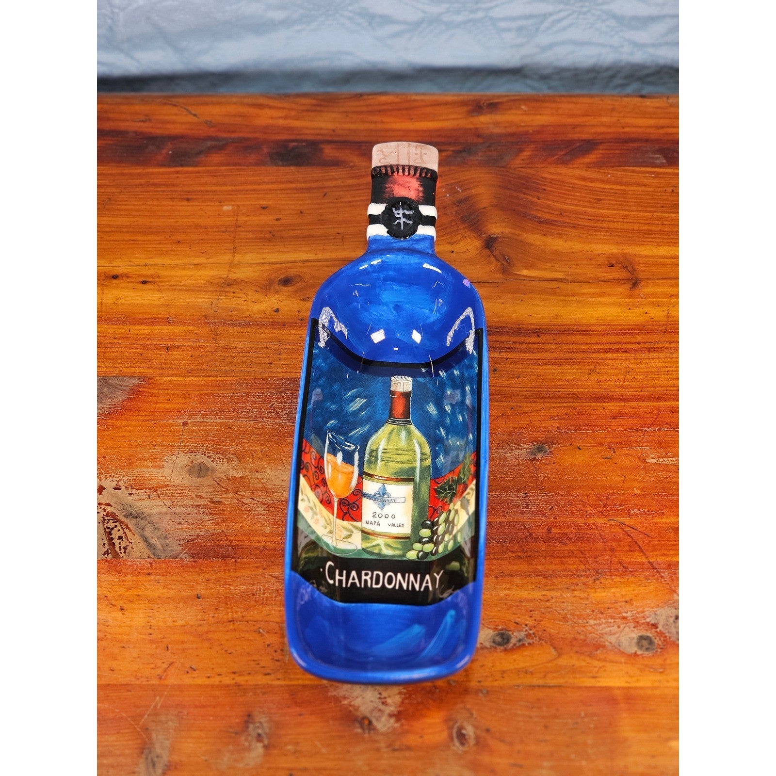 Blue Ceramic Wine Bottle Shaped Serving Dish with Chardonnay Scene NAPA VALLEY