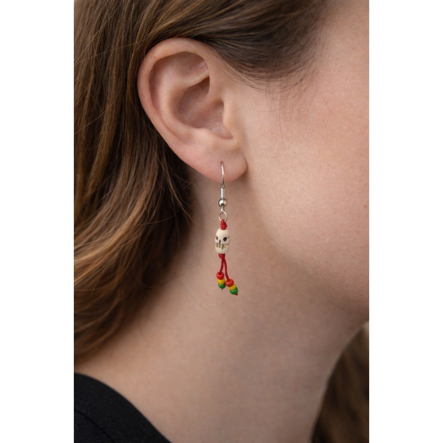 Pair of Handmade Buffalo Bone Skull Dangle Earrings Vintage Tribal Style