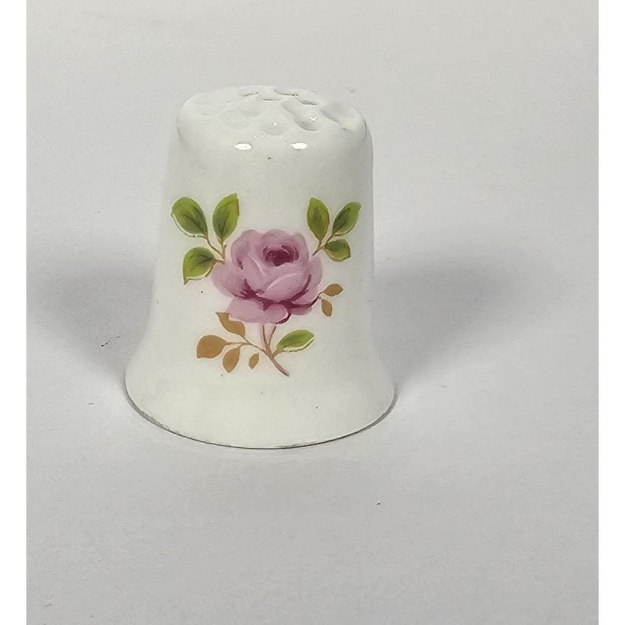 Vintage Porcelain Thimble Pink Rose Floral Sewing Collectible Mini Thimble