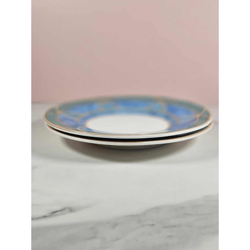 Vintage Stoneware Plates Blue Green Geometric Dessert Plates